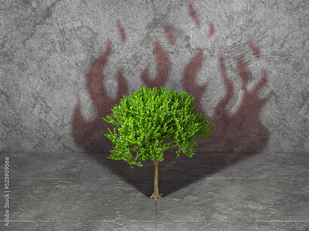 Tree cast shadow in form of flame. 3d illustration