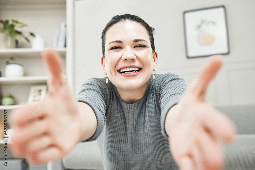 Happy, smiling and laughing woman reaching out her arms for a hug, embrace or holding while relaxing