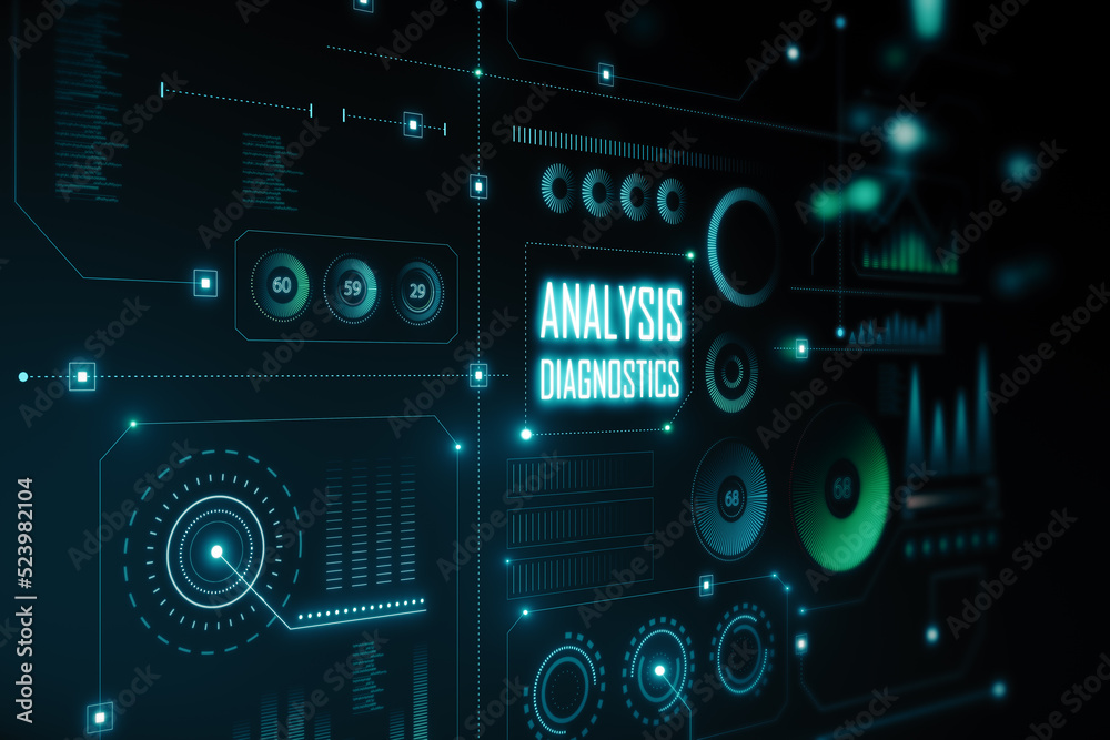 具有各种图标背景的富有创意的发光深色数字商业界面。诊断，激活