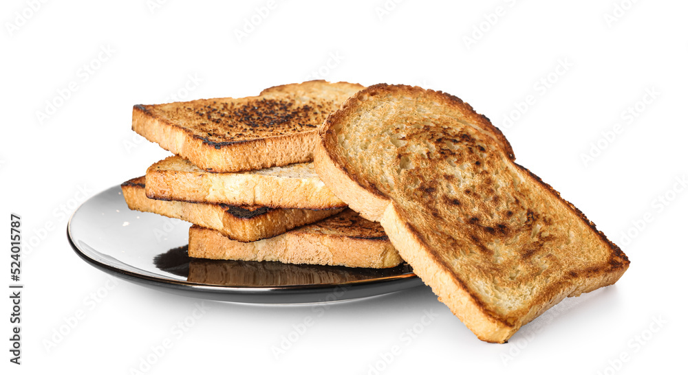 Plate with stack of tasty toasts on white background