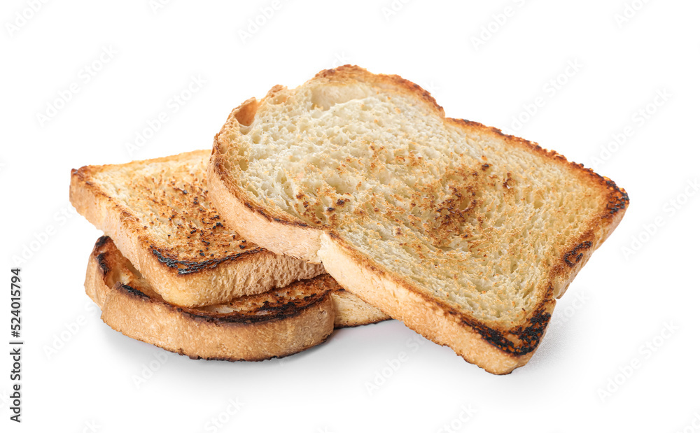 Slices of delicious toasted bread on white background