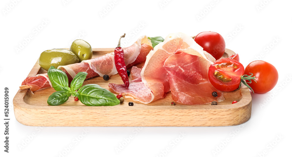 Wooden board with delicious jamon, tomatoes, olives and spices on white background