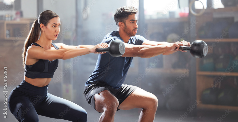 Slim, fit and gym couple exercising with dumbbell equipment, doing lower body core workout or traini