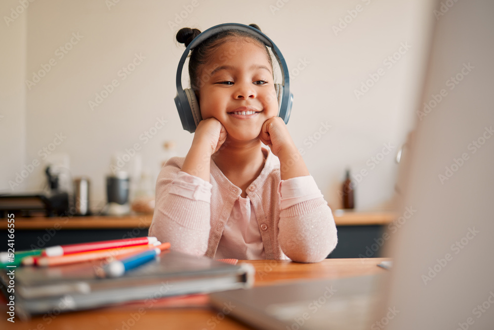 Distance learning, education and online lesson with girl wearing headphones and laptop webcam. Kinde