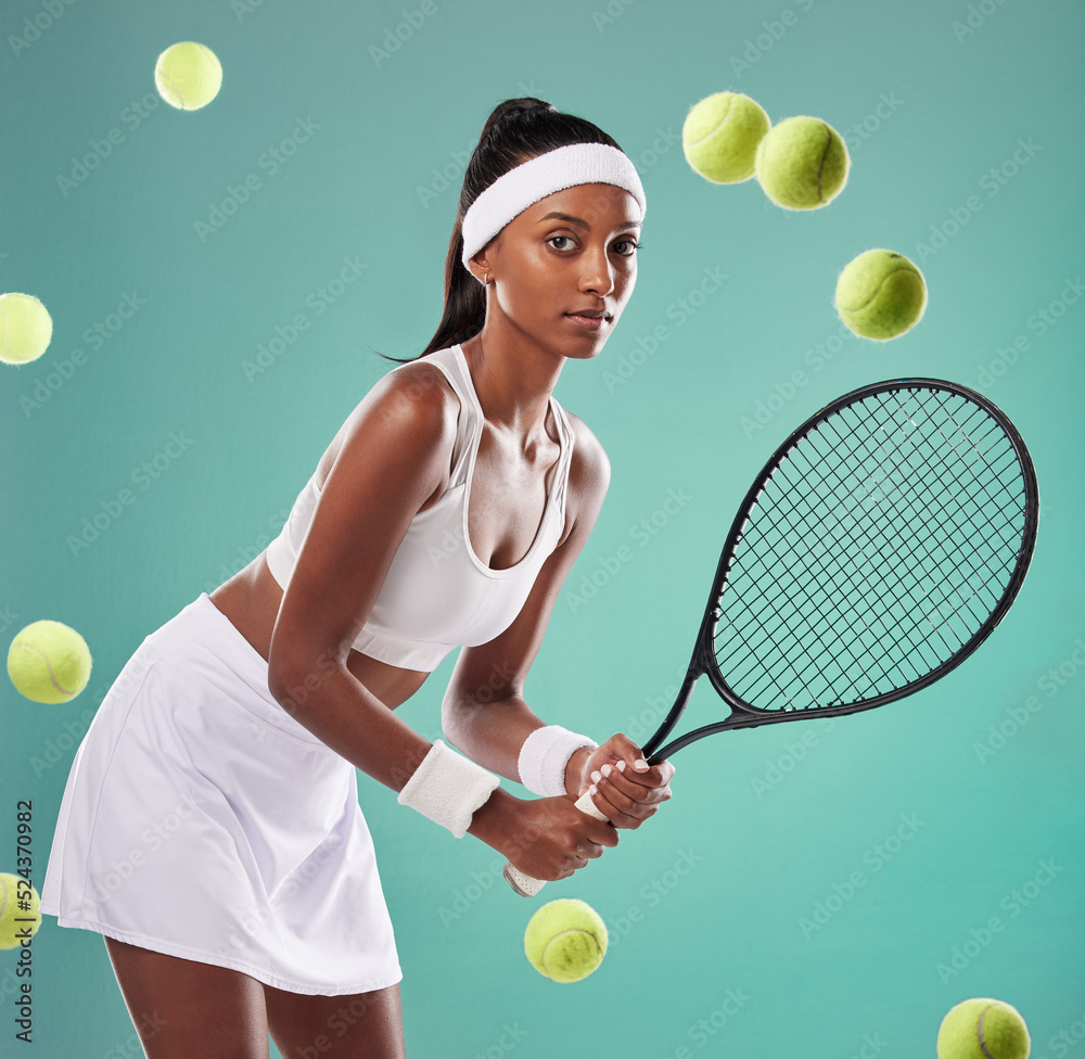 Tennis, sport and training with a young female player holding a racket and hitting balls in studio a