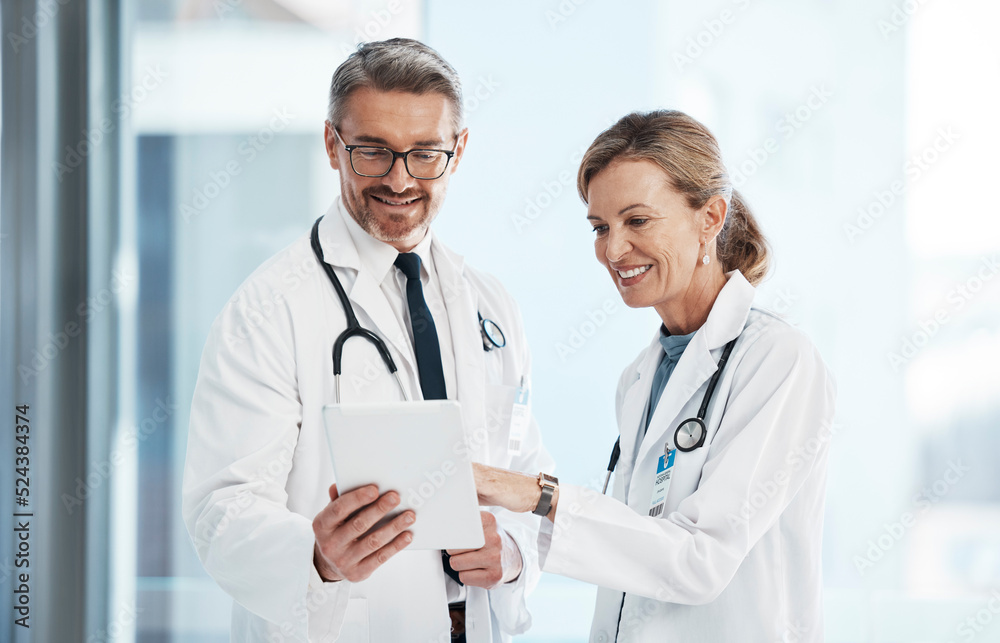 Medical, doctors and healthcare professionals working together on a digital tablet in a hospital. Po