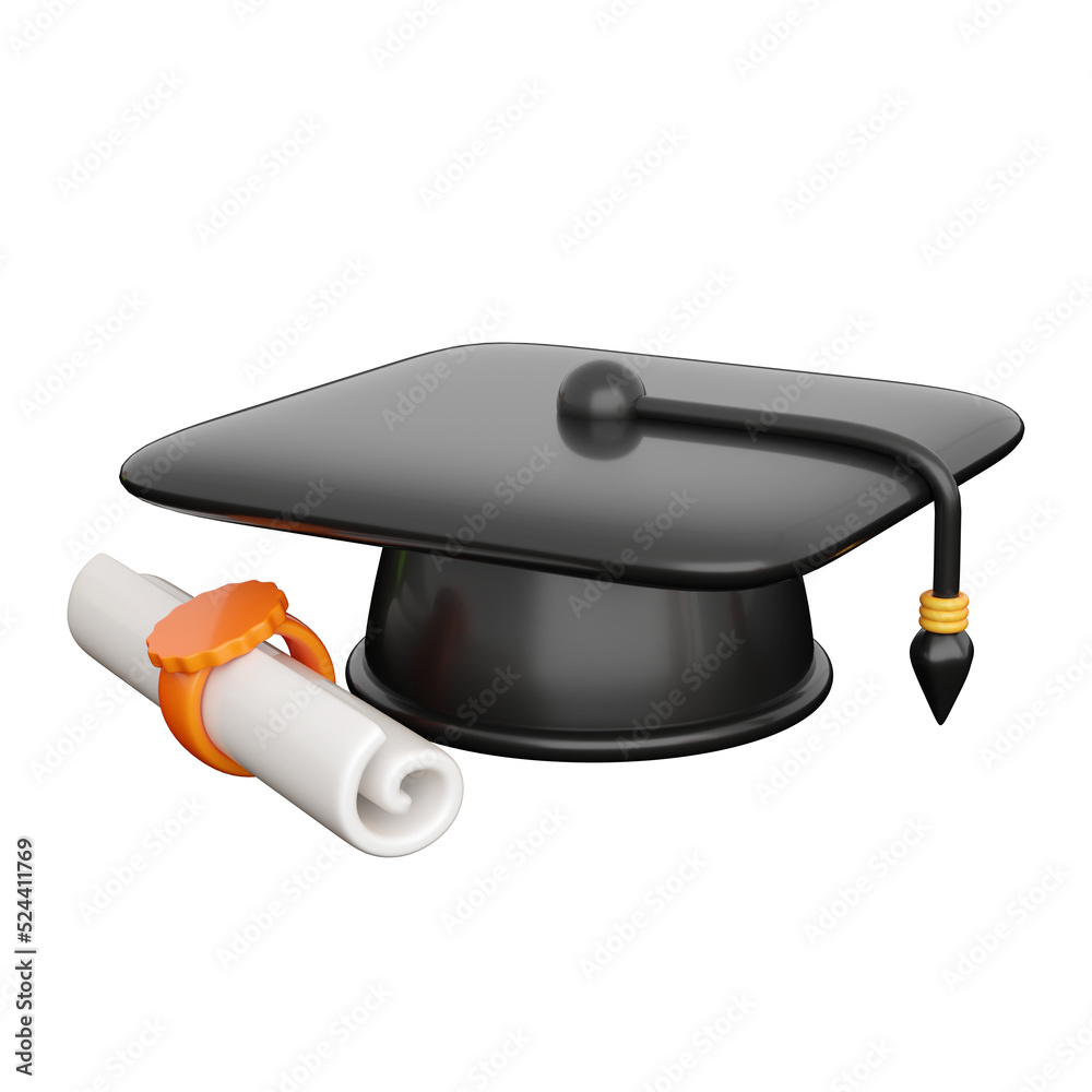 3d graduation cap with diploma. Element for back to school, learning and online education banners. H