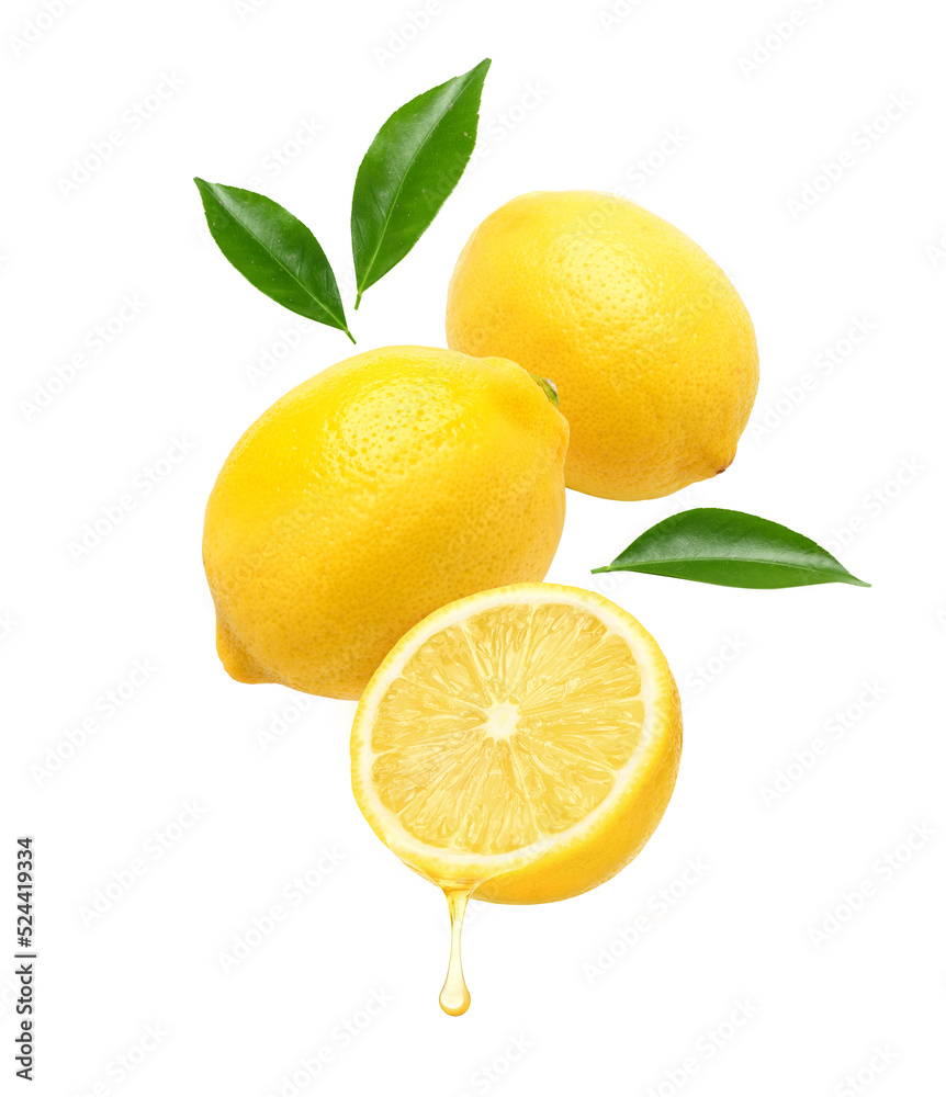 Fresh lemon  juice dripping with lemon fruits levitate isolated on white background.