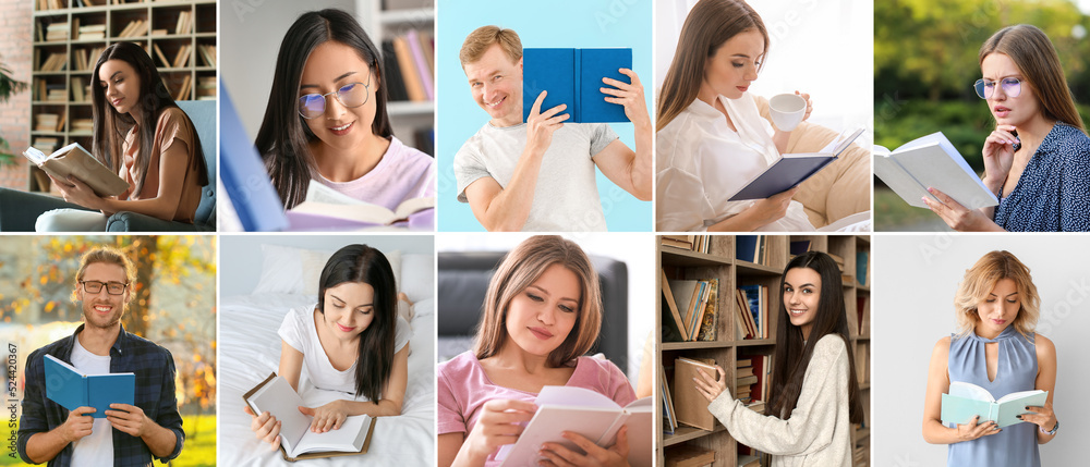 Set of different people with books