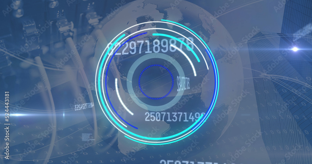 Image of digital interface showing circular scope and rising numbers with server network cables 