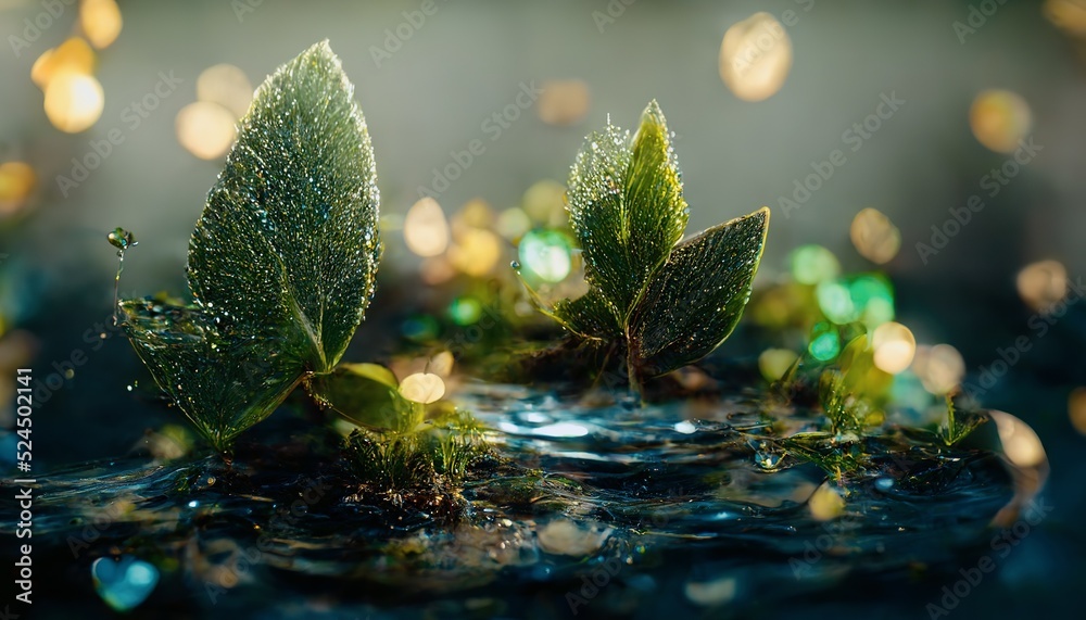 Fantasy setting with green leaves floating on blue crystal water with ripples and bokeh. Digital 3D 