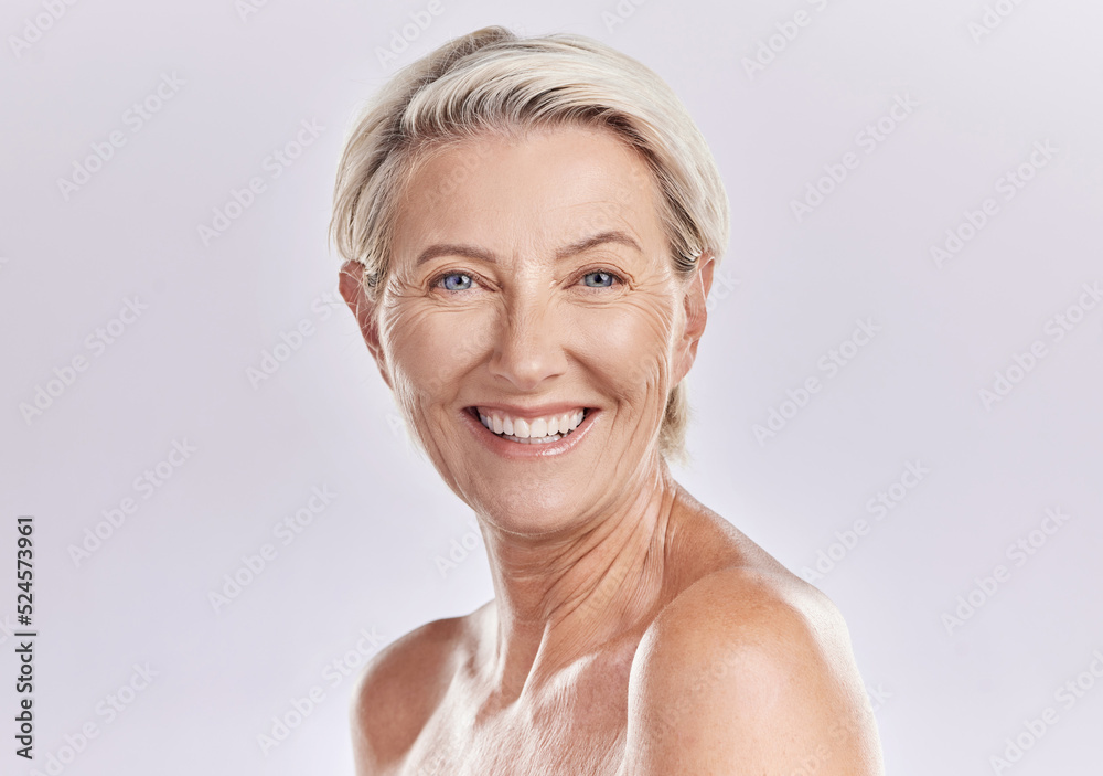 Skincare of senior woman in a beauty face portrait for hygiene, body care and cosmetic treatment on 