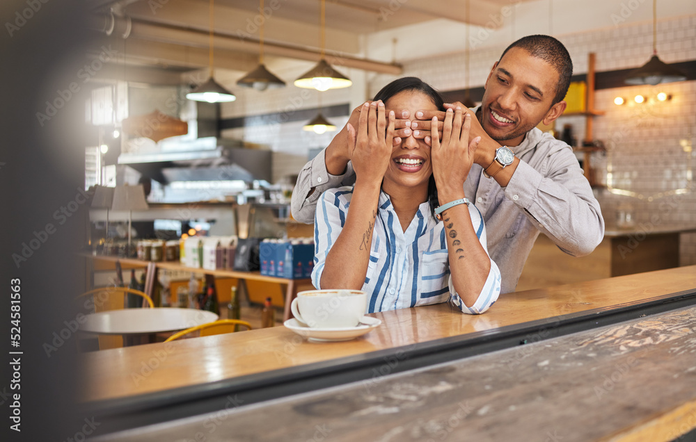 Wow, surprise and romantic boyfriend covering his girlfriends eyes for a present at a restaurant, co