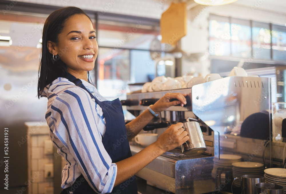 Barista preparing drink in coffee shop, cafe startup and hospitality restaurant. Portrait of friendl