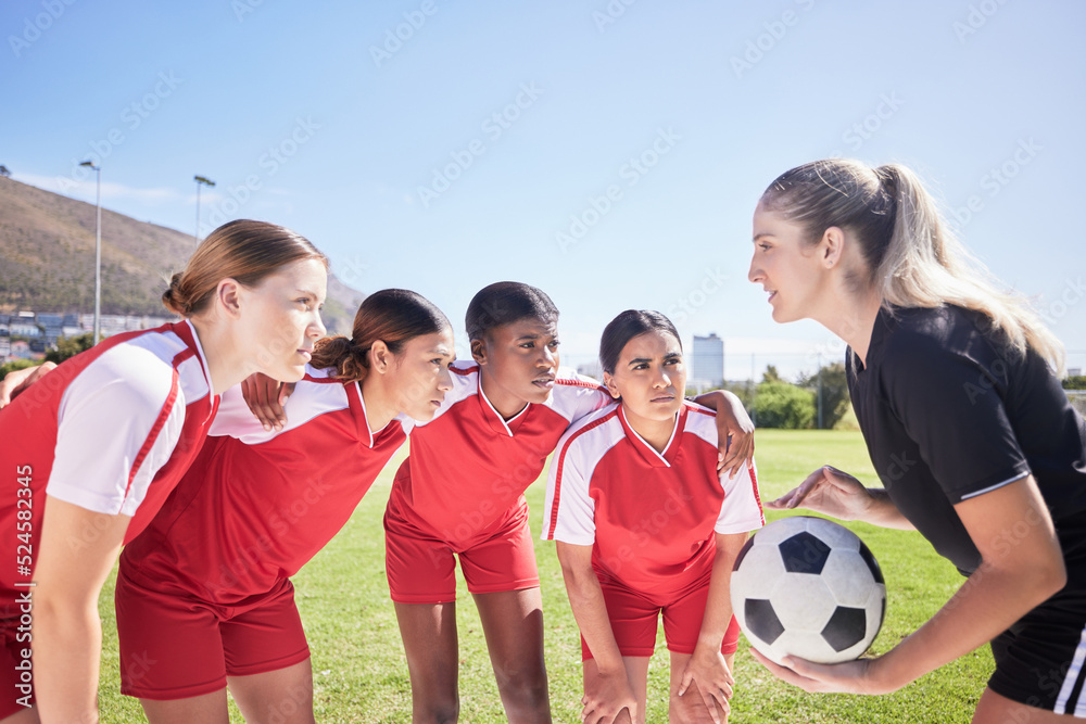 Sports, soccer players and football coach giving women motivation to score goals in the stadium. Col