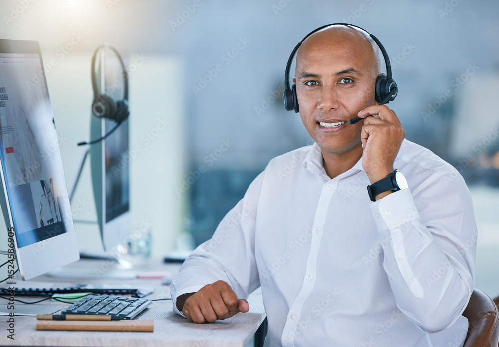 Sales man, call center agent and customer service support operator giving friendly, help and expert 