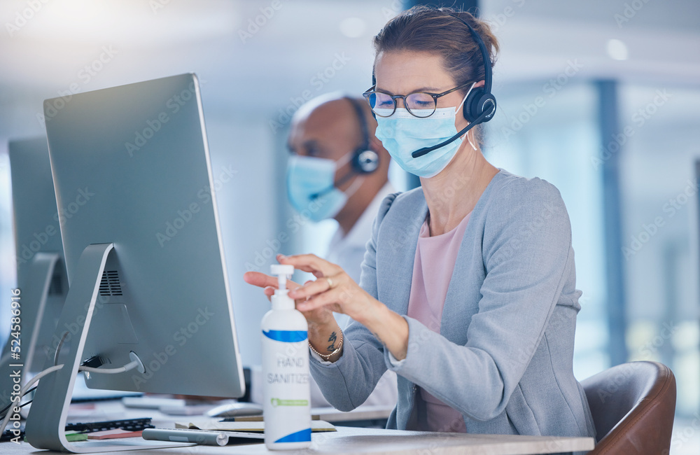 Sanitize, hygiene and compliance with covid19 regulations at call center with crm agent cleaning wor