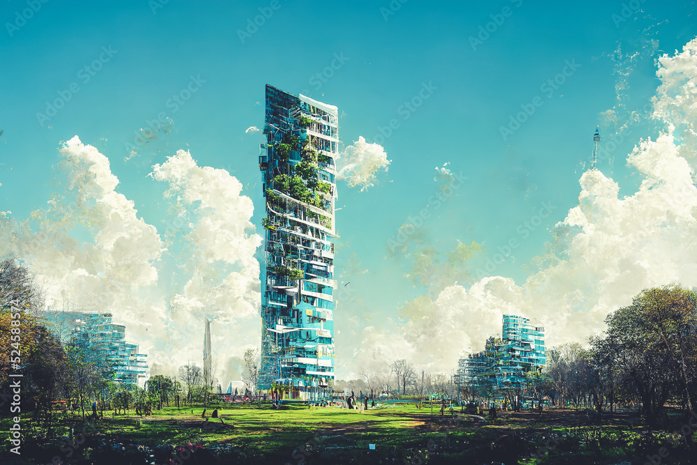 Spectacular eco futuristic cityscape abundant in vegetation features skyscrapers buildings and green