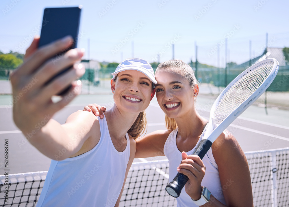 Tennis, selfie and sports women friends on a court in the summer for exercise. Happy, face and smile