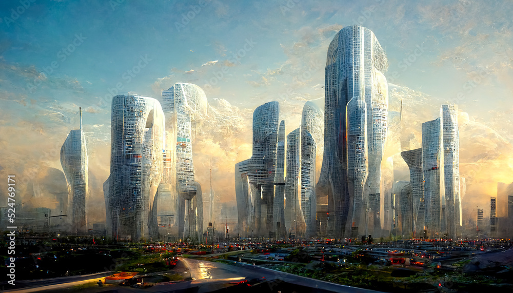 High-rise buildings, flying vehicles, and lush vegetation all coexist in futuristic fantasy cityscap