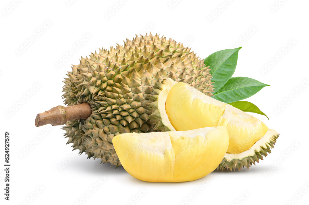 Durian fruit with slices and leaves  isolated on white background. Clipping path.