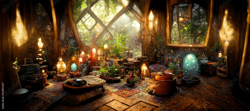 Spectacular picture of interior of a fantasy medieval cottage, full with plants furniture and enchan