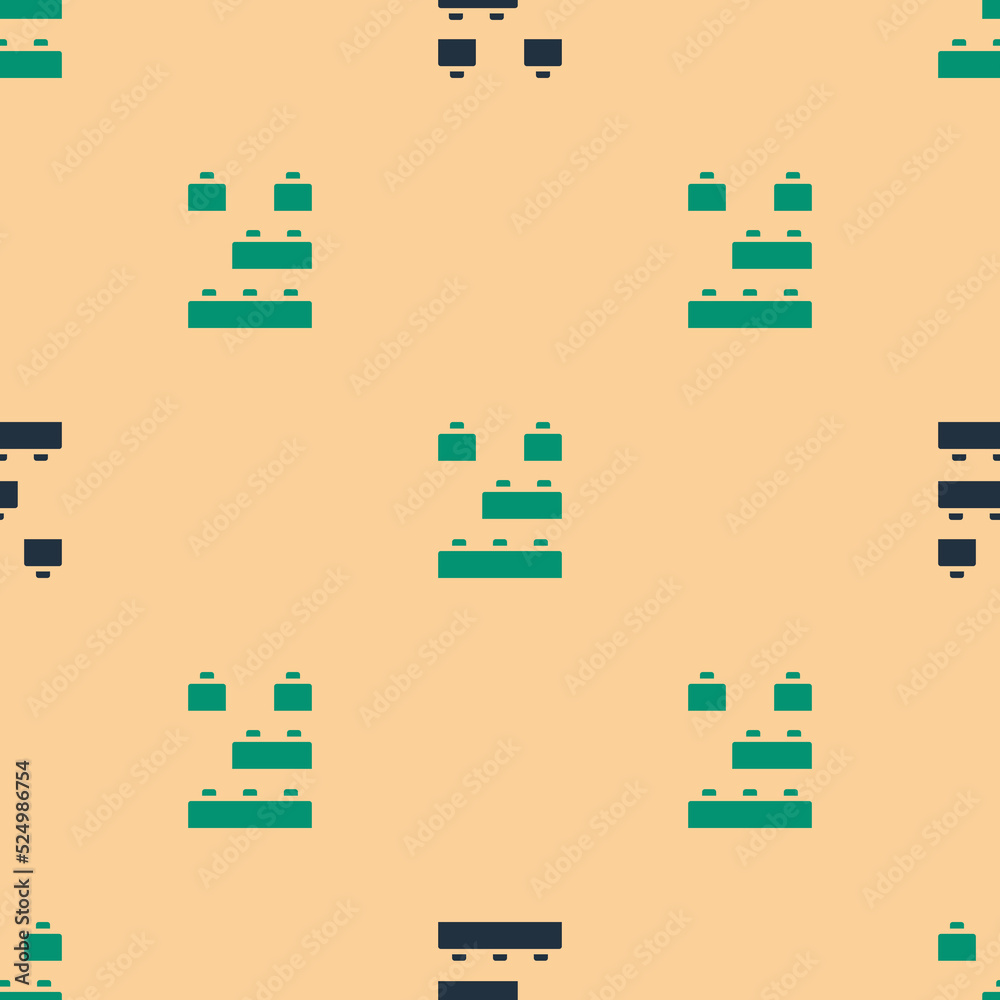 Green and black Toy building block bricks for children icon isolated seamless pattern on beige backg