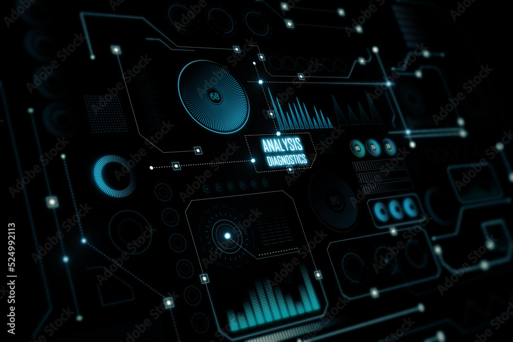 具有各种图标背景的富有创意的发光深色数字商业界面。诊断，激活