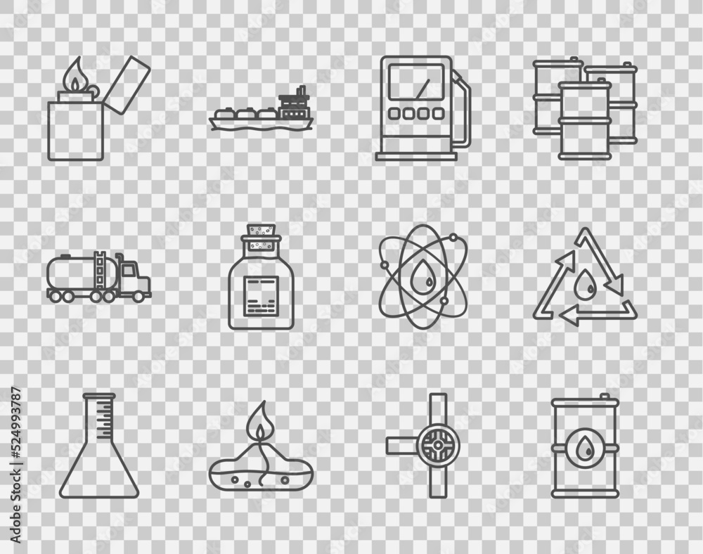 设置线路油-汽油试管，桶装油，汽油或加油站，酒精燃烧器，打火机，In