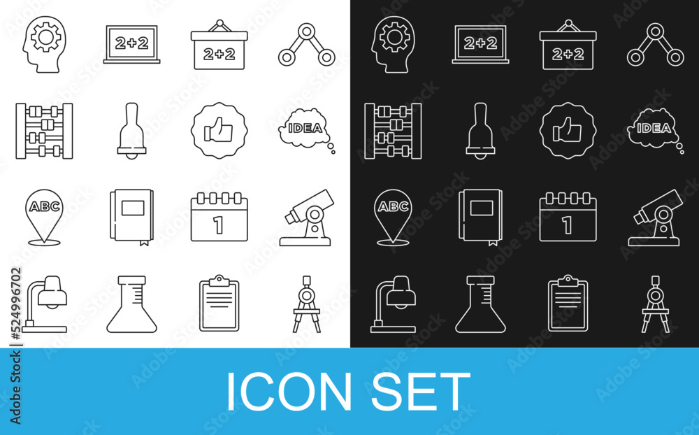 Set line Drawing compass, Microscope, Idea, speech bubble, Chalkboard, Ringing bell, Abacus, Head wi