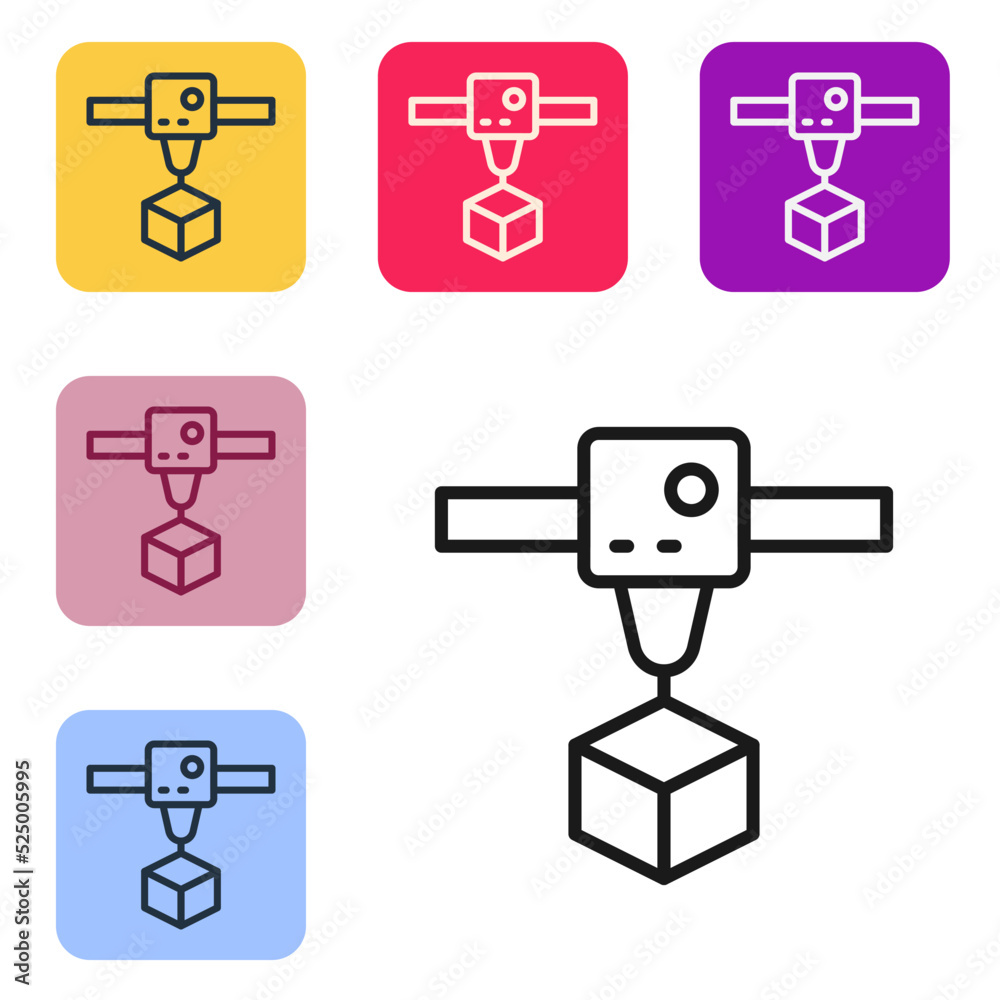 黑线3D打印机立方体图标隔离在白色背景上。3D打印。将图标设置为彩色正方形