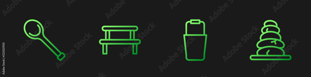 设置线桑拿桶、勺子、木台和堆叠热石头。渐变色图标。矢量