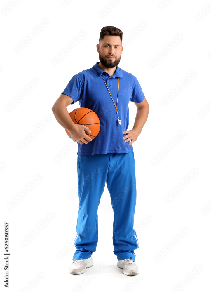 Handsome PE teacher with ball on white background