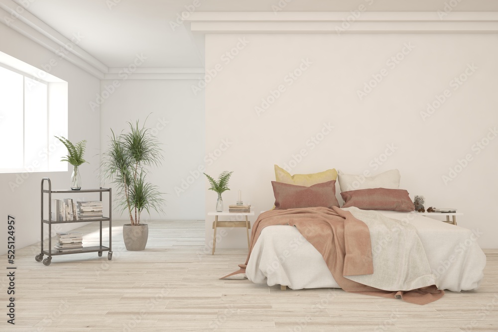 White bedroom interior. Scandinavian design. 3D illustration