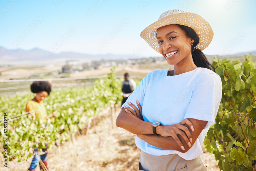 Confident or proud farmer with arms crossed and smile vineyard agriculture field. Young woman on sus