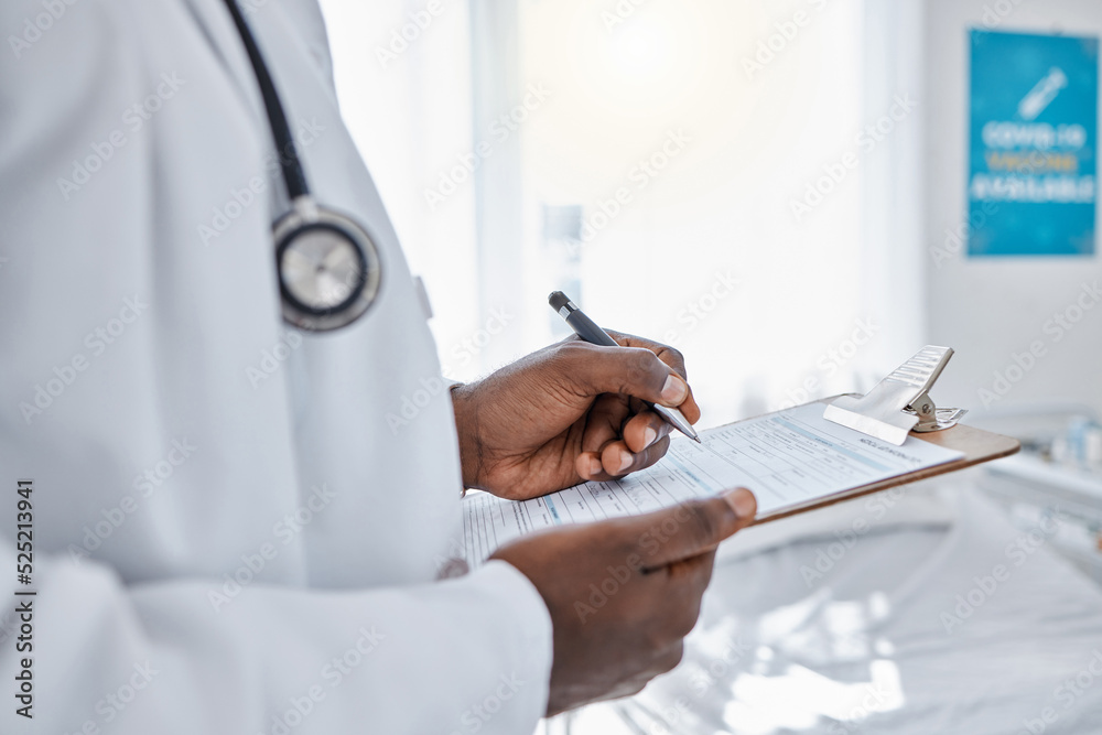 Medical, insurance and doctor filling out patient history for diagnosis at the hospital. Healthcare 