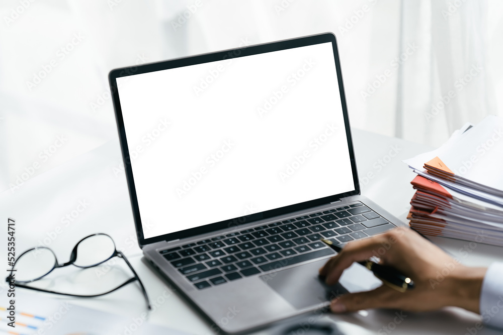 Young women working on her laptop with blank copy space screen for your advertising text message in 