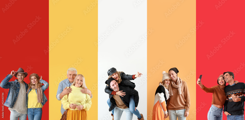 Collage of happy couples in autumn clothes on color background with space for text