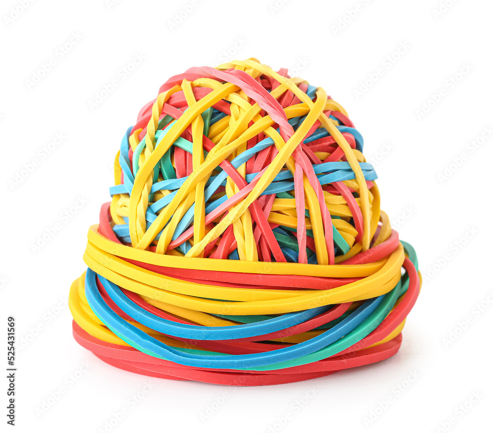 Colorful rubber band ball on white background