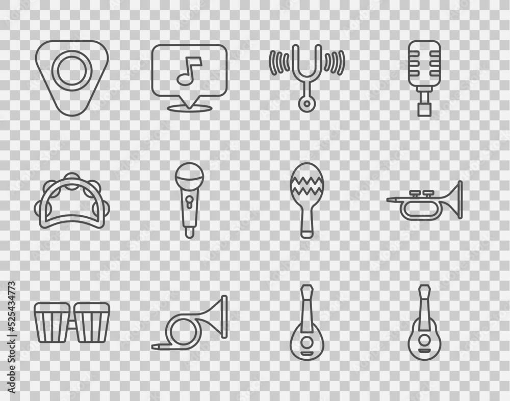 Set line Drum, Guitar, Musical tuning fork, Trumpet, pick, Microphone, and icon. Vector