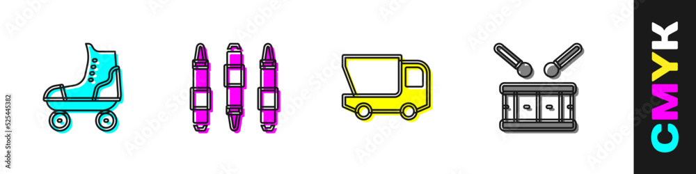 设置滚轴溜冰鞋、记号笔、玩具卡车和带鼓棒的鼓图标。矢量