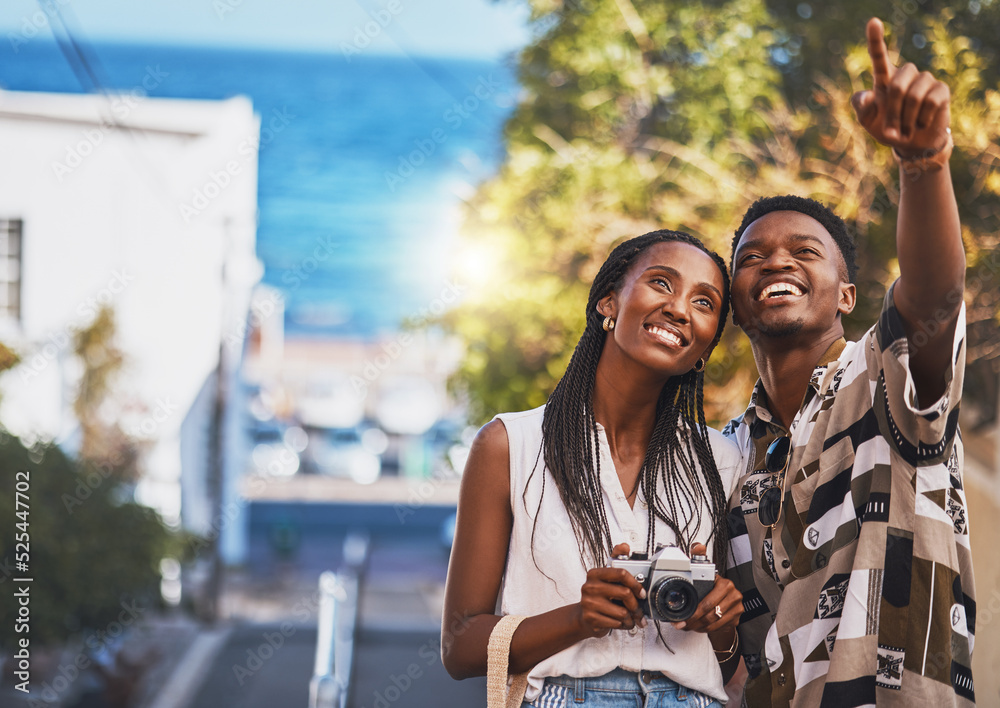 Photographer couple on summer vacation or holiday abroad and tourism with lens flare, ocean and stre