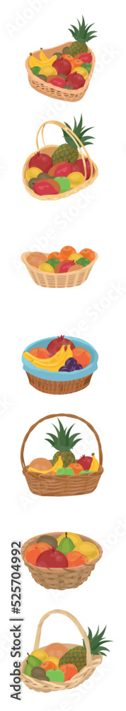 Set of wicker baskets with different fruits on white background