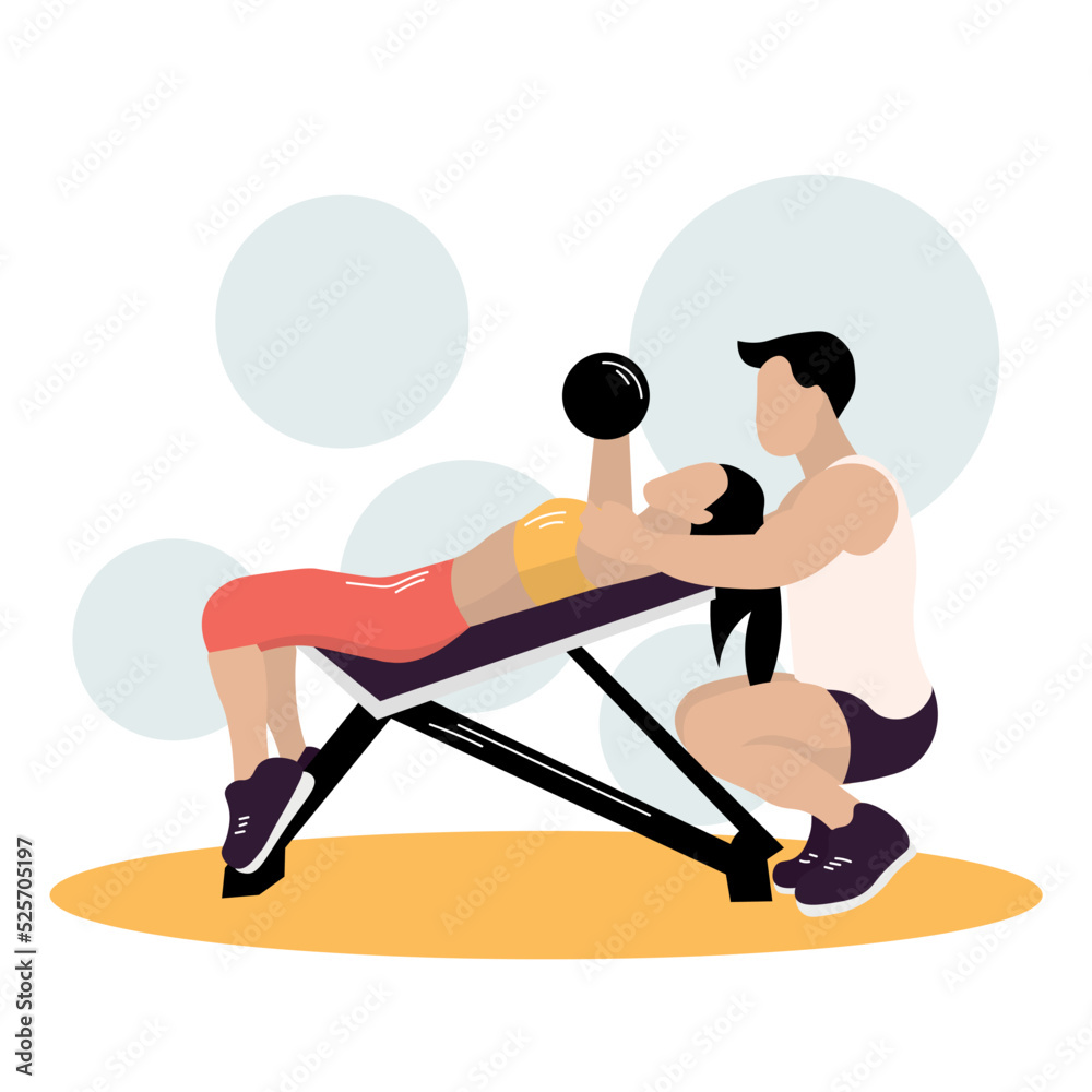 Sporty woman training with barbell and male coach on white background