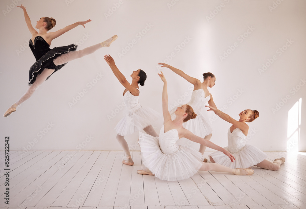 Ballet, jump and dance class studio for professional sports woman. Female performance art students i