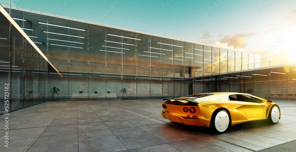 Electric sports car parked in the center of modern glass facade walls building