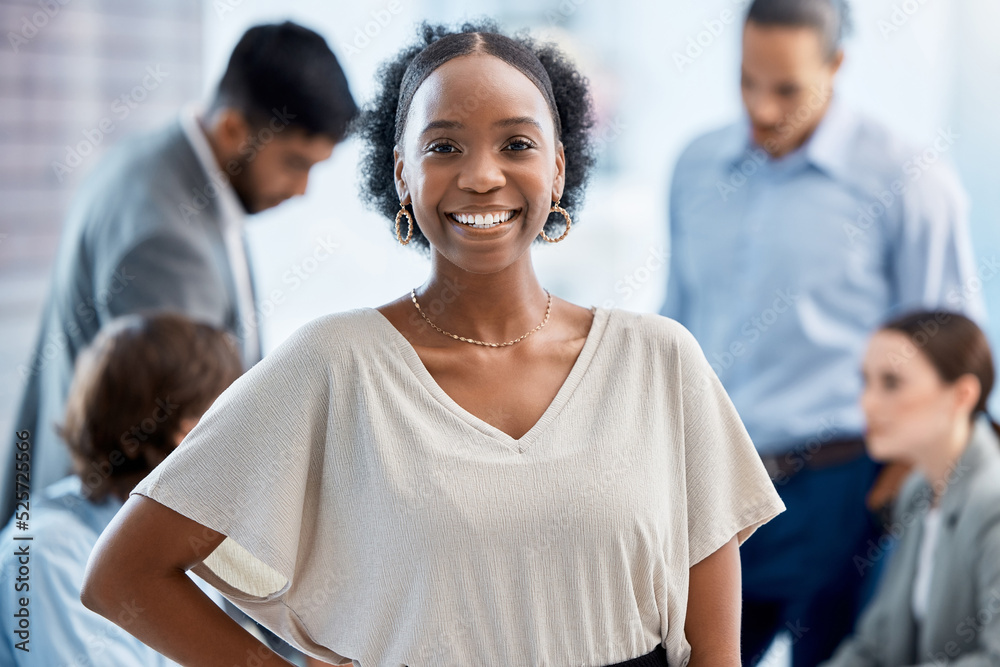 Happy portrait, smile and business woman with new job opportunity in creative office with team diver