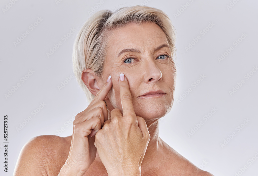 Acne or pimple popping senior woman while doing a skincare beauty treatment for healthy and clear sk