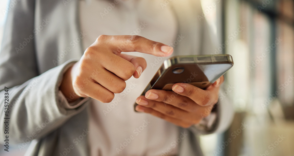 Phone, networking and communication with a hand of a woman typing an email or sending a message clos