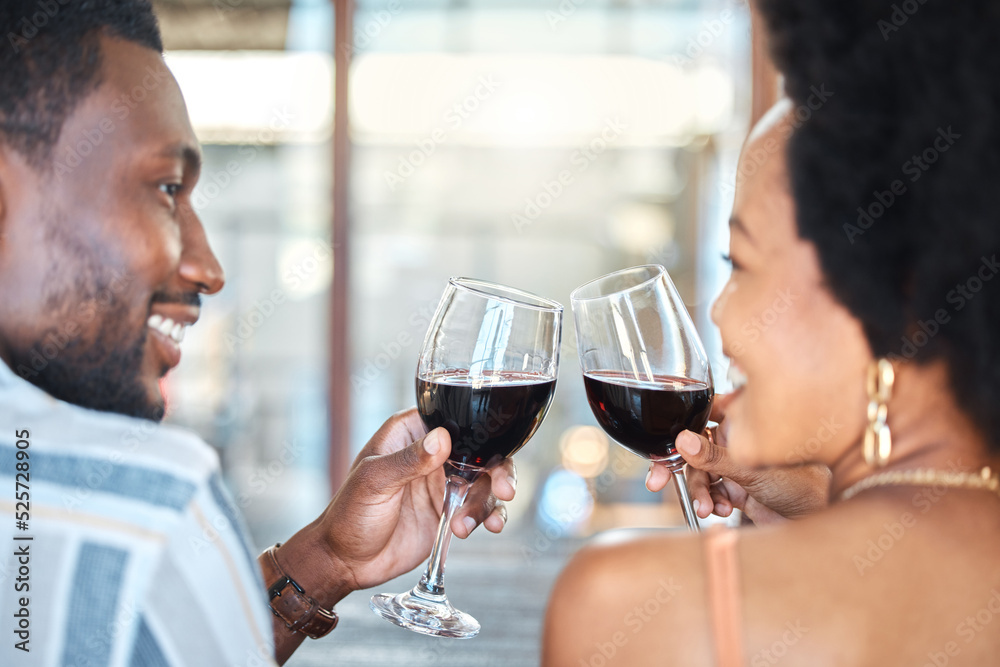 Couple giving cheers, toast and celebrate with wine glass, champagne and alcohol drinks on a romanti